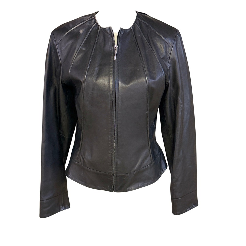 Siena Studio‎ Black Leather Jacket Zip Front Radial Seams Size 8